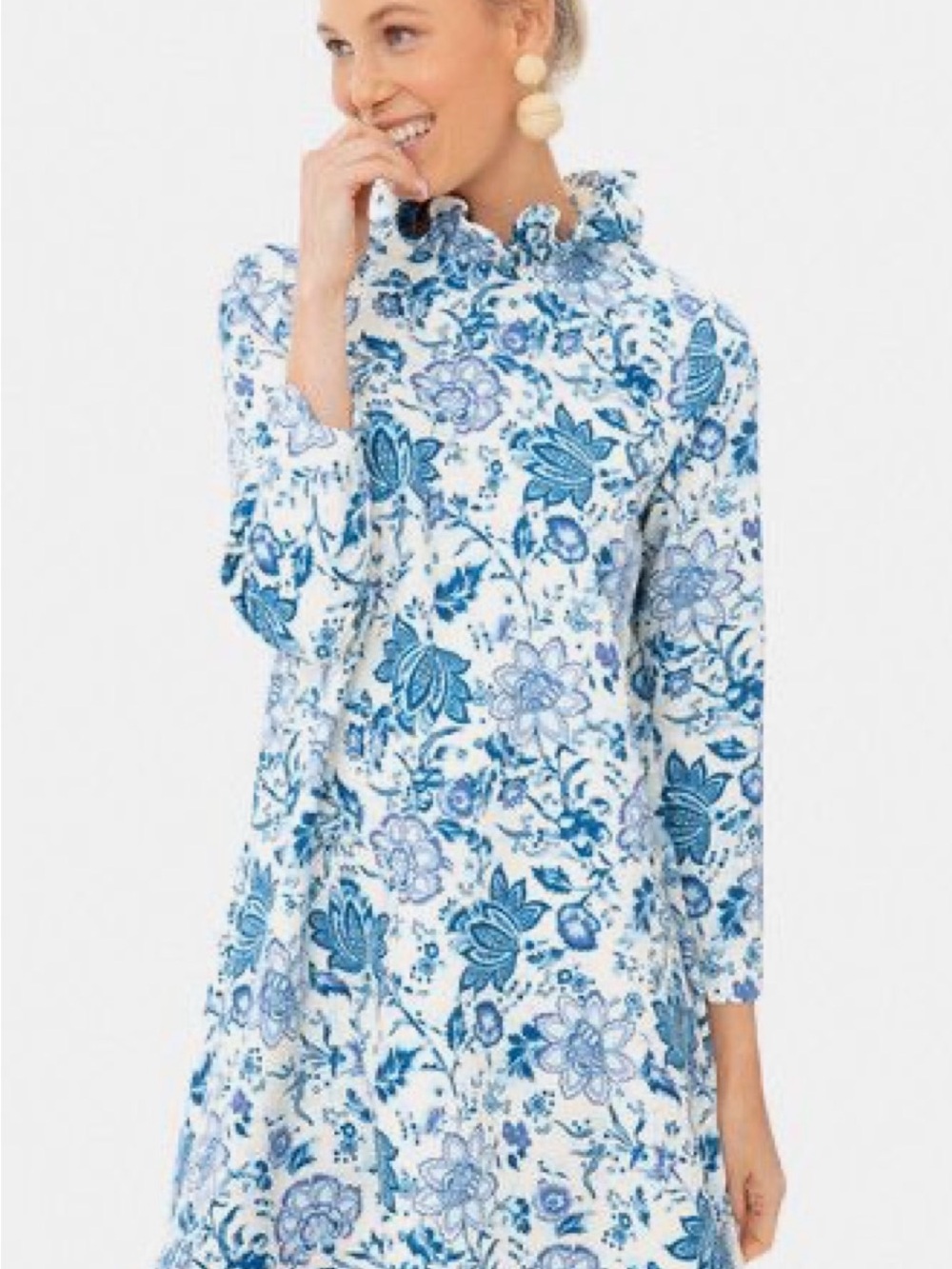 Tuckernuck White and Blue Floral Ruffle-Neck Long-Sleeve Dress